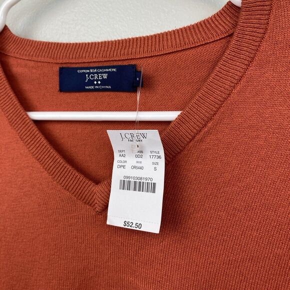 J Crew Sweater Mens S Orange Long Sleeve V Neck Cotton Cashmere NWT - Picture 2 of 9